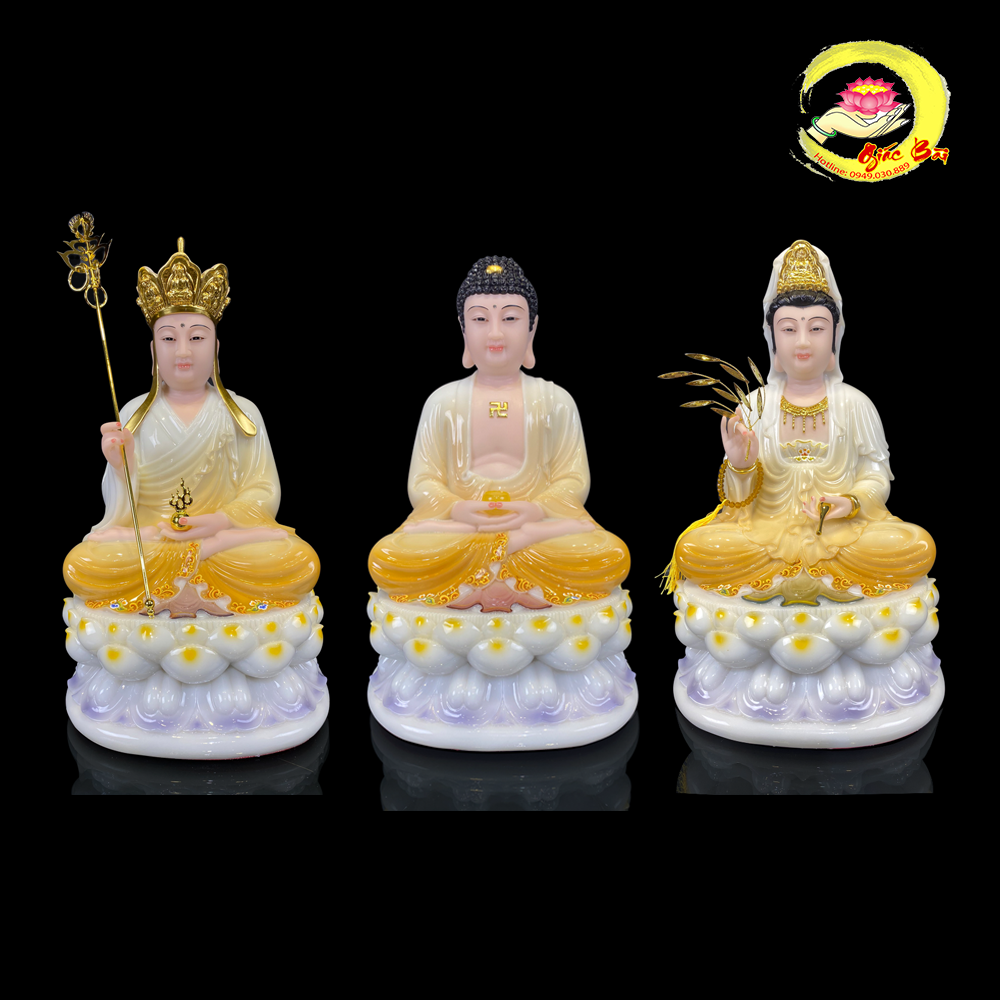 Bộ tượng Ta Bà Tam Thánh bột đá sơn vàng ngồi đài sen đế ghi Cao Từ 30cm, 40cm, 48cm, 65cm, 90cm ( Mã sản phẩm CFC - FYCV1 )