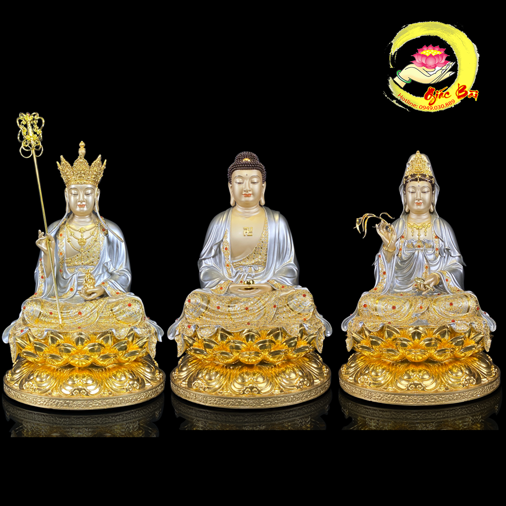 Bộ Tượng Ta Bà Tam Thánh Men Cổ Dát Bạc Cao Cấp Bằng Đồng Cao 30cm, 40cm, 48cm, 60cm ( Mã sản phẩm T20 - MGMB1 )