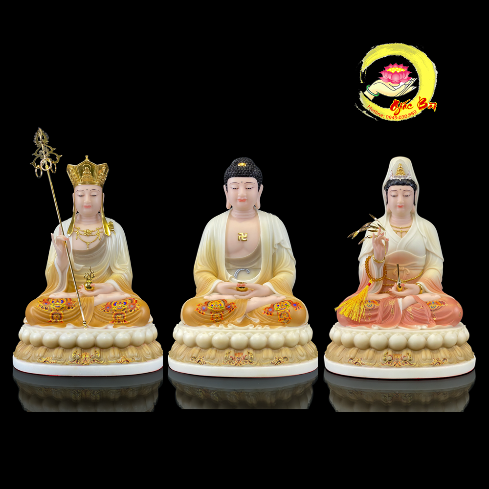 Bộ ta bà tam thánh tọa đài sen đế to sơn vẽ hoa, cao 30cm, 40cm, 48cm