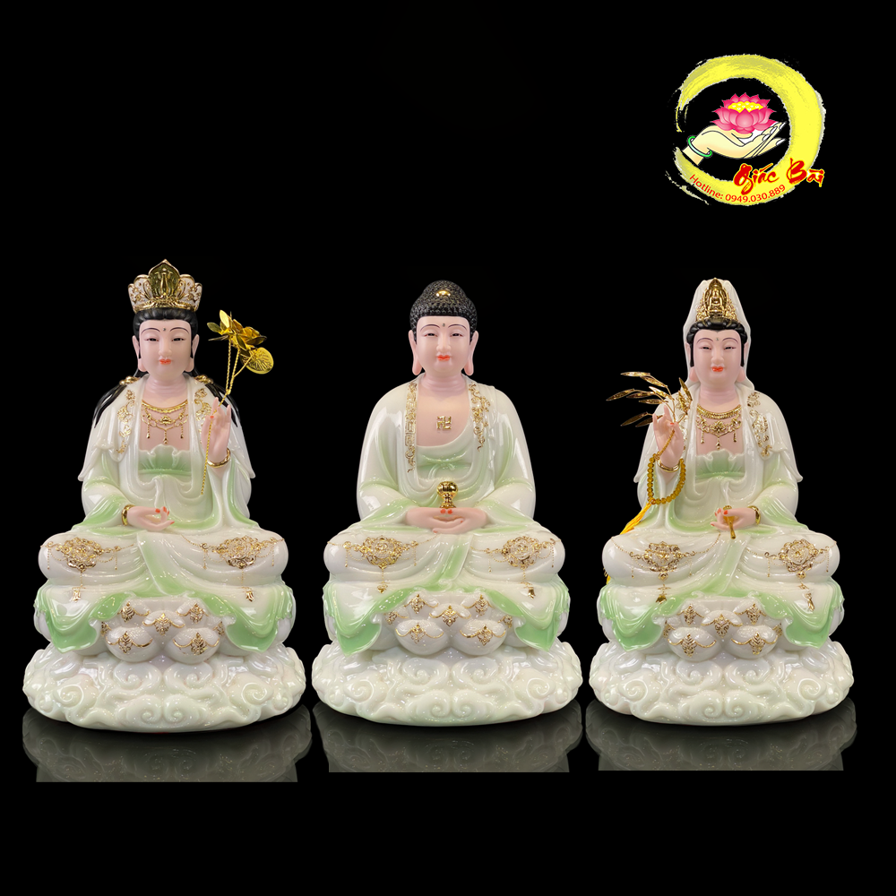 Bộ tượng tây phương tam thánh bằng bột đá cẩm thạch thiên thanh viền vàng cao từ 30cm, 40cm, 48cm