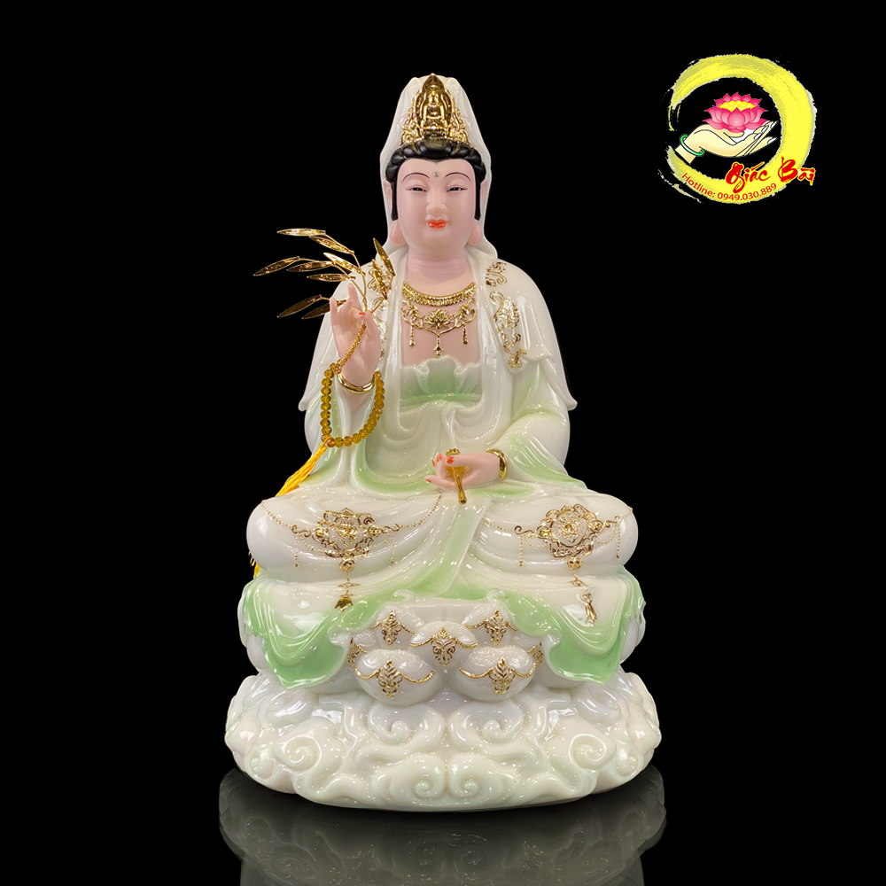 Tượng quan thế âm bồ tát ngồi mây bằng bột đá cẩm thạch thiên thanh cao từ 30cm, 40cm, 48cm