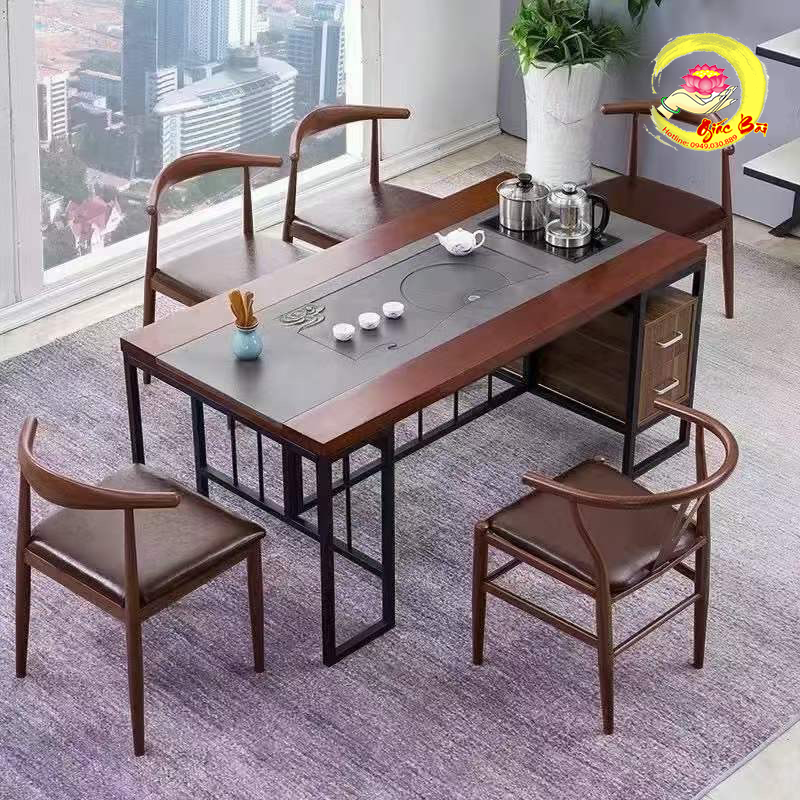 Bàn trà mặt gỗ, đá và 5 ghế nâu dài 158cm, rộng 80cm ( Mã sản phẩm YPX - MS1 )