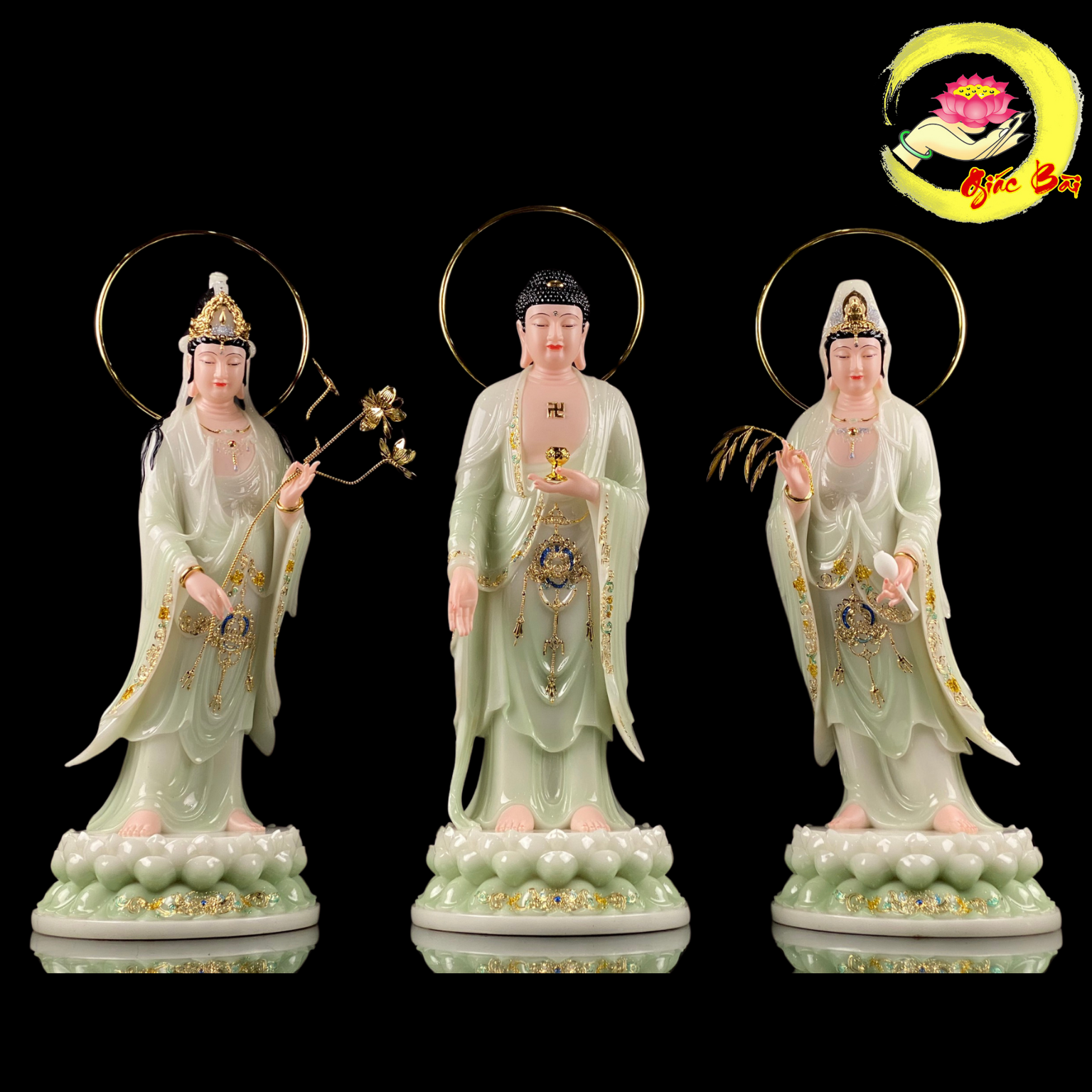 Bộ Tây Phương Tam Thánh Trắng Xanh cao 48 cm