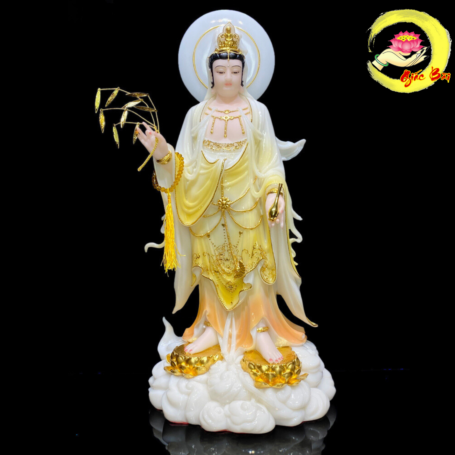 Tượng Phật Quan Âm Bồ Tát  đứng mây có hào quang, bột đá cẩm thạch sơn, Cao  40cm, 48cm, 65cm, 90cm