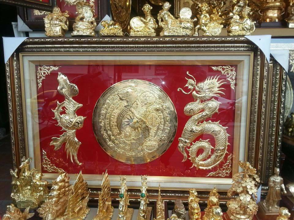 Trống đồng một rồng một phượng mạ vàng