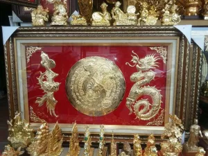 Trống đồng một rồng một phượng mạ vàng