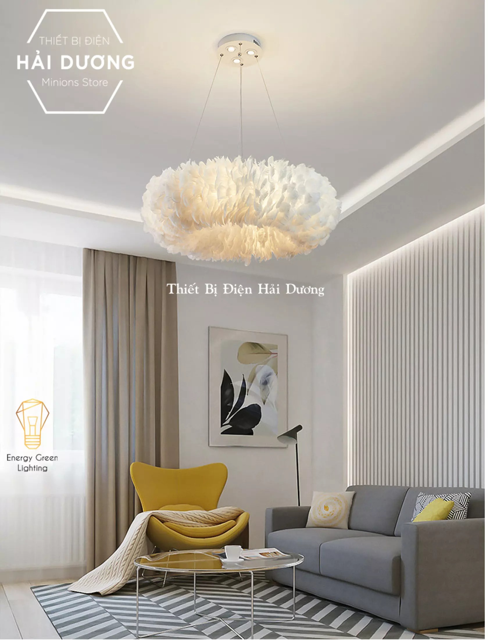 Đèn Chùm Lông Vũ Vòng Tròn 60cm Phong Cách Bắc Âu Decor Lighting - 3 Chế Độ Ánh Sáng