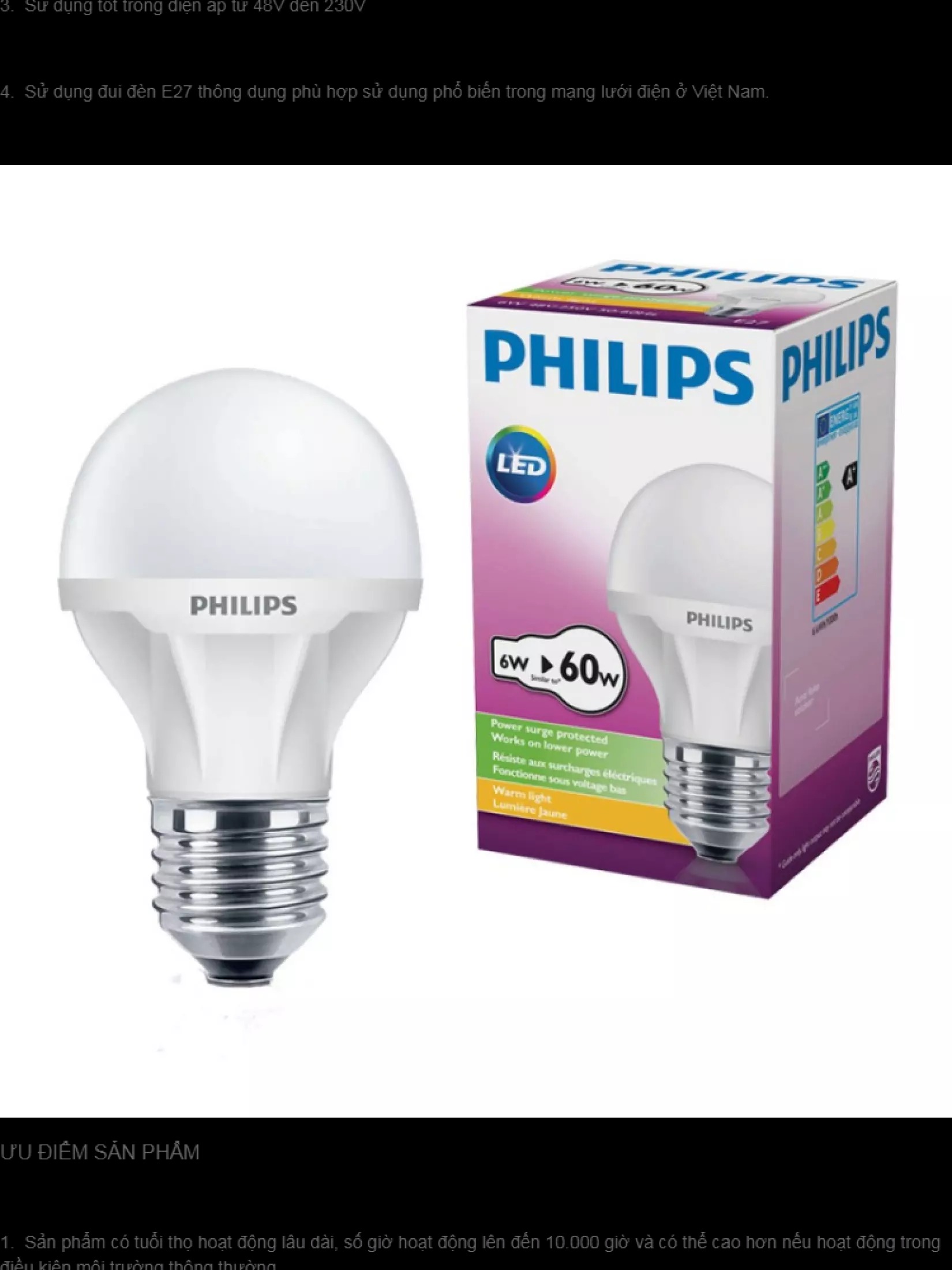 Bộ 3 Bóng Đèn Philips Led Ecobright 6W Đuôi E27 48V-230V A60 Ánh Sáng (Trắng)