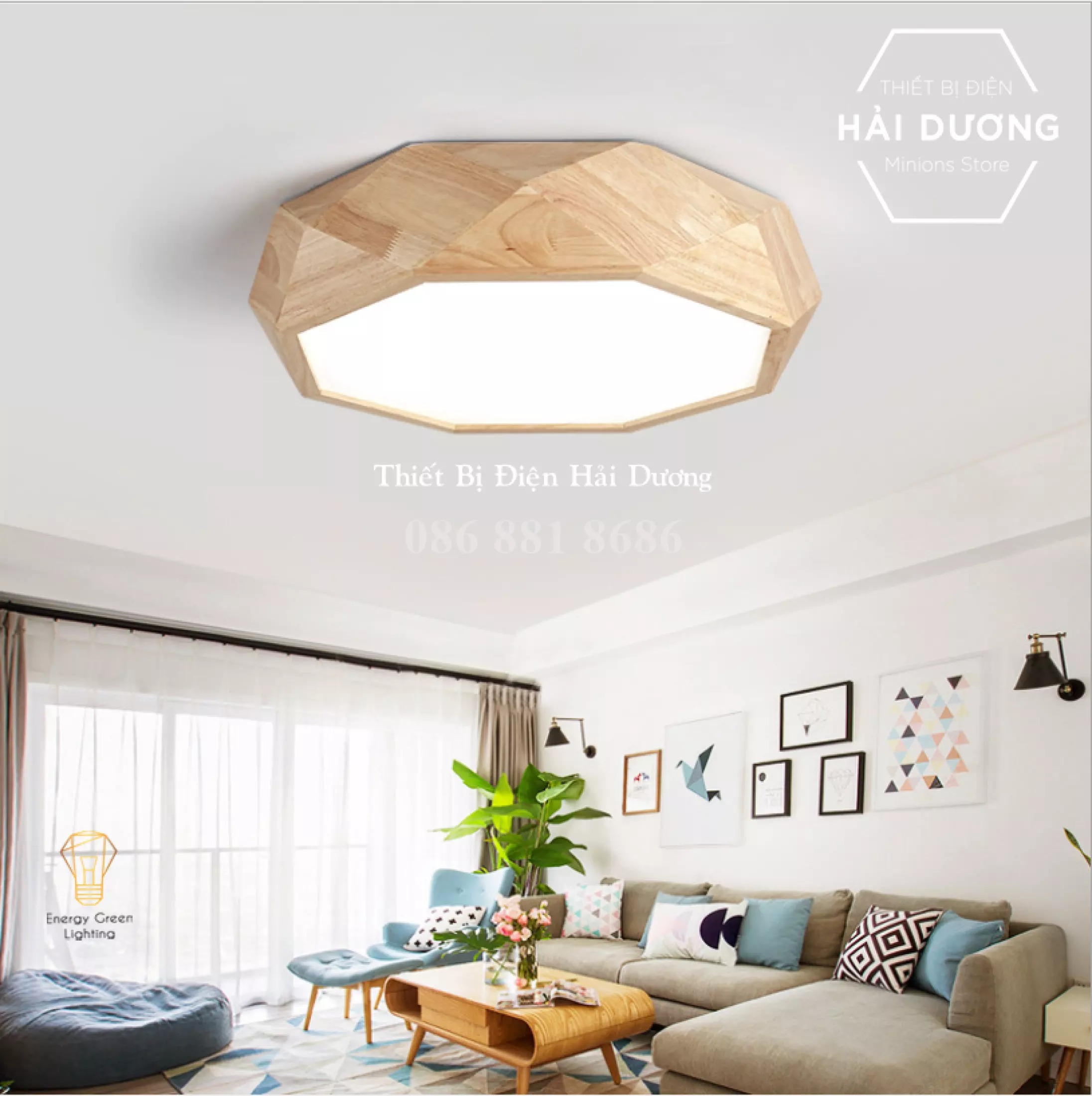 Đèn Ốp Trần Gỗ Đa Giác DGT-5010 - Đường Kính 45cm - 3 Chế Độ Ánh Sáng - Energy Green Lighting