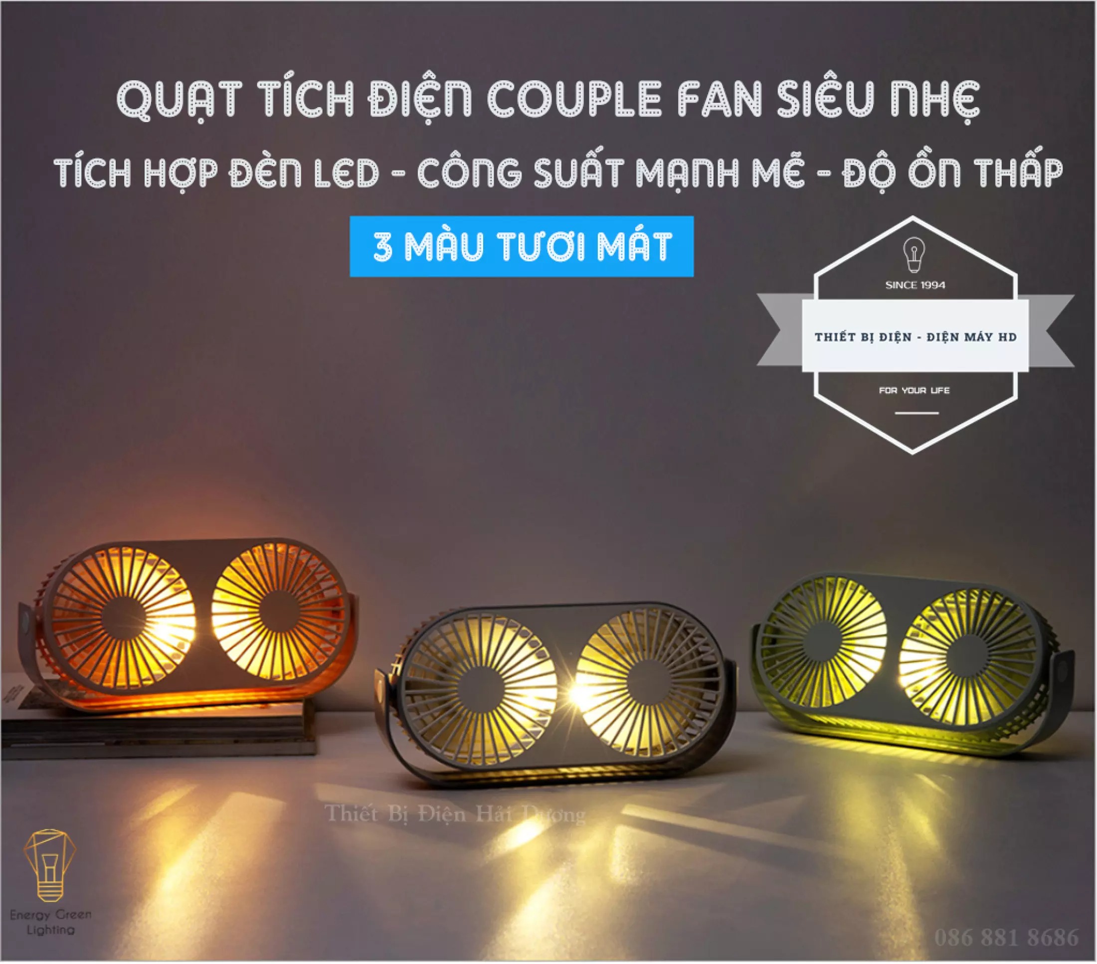 Quạt Tích Điện Couple Fan AQ20W Siêu Nhẹ - Pin Khỏe - Tích Hợp Đèn LED - Khuếch Tán Tinh Dầu