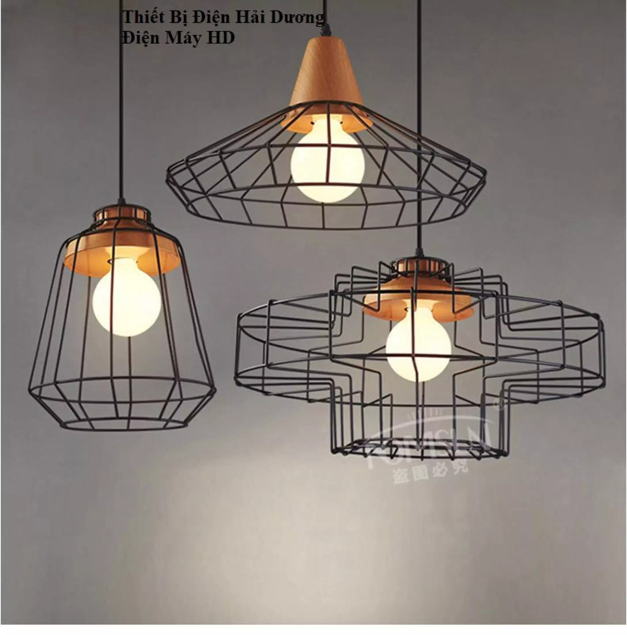 Bộ 3 Đèn thả lồng sắt đuôi gỗ dáng Xòe hoa - Hình trụ