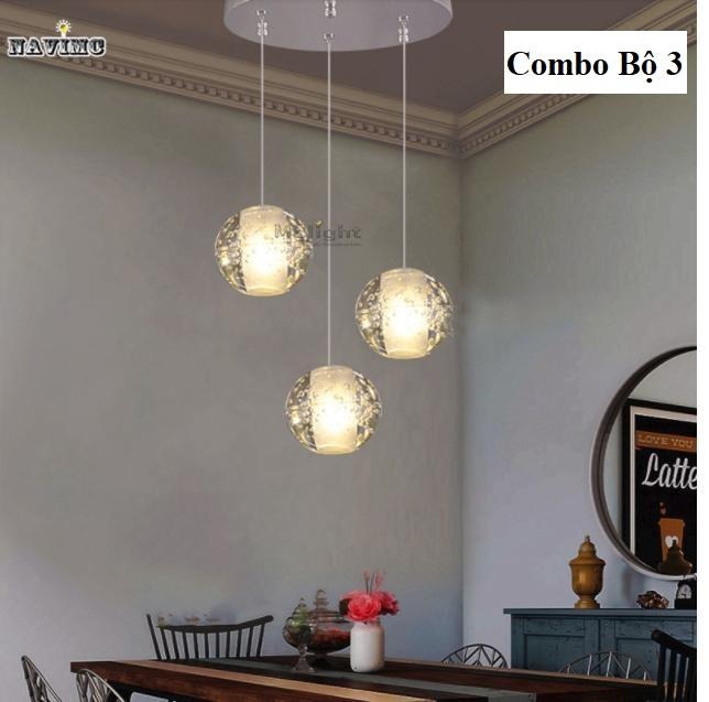 Bộ 3 Đèn thả thông tầng pha lê giọt nước thủy tinh - Tặng kèm đế chung tròn - Tặng kèm bóng LED - Energy Green Lighting