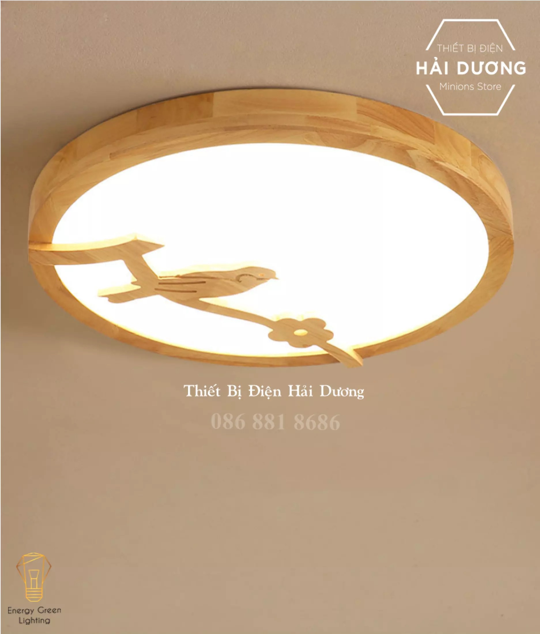 Đèn LED Ốp Trần Gỗ Kiểu DángVuông - Tròn Trang Trí Hình Chú Chim OT-98307 - Đường Kính 50cm