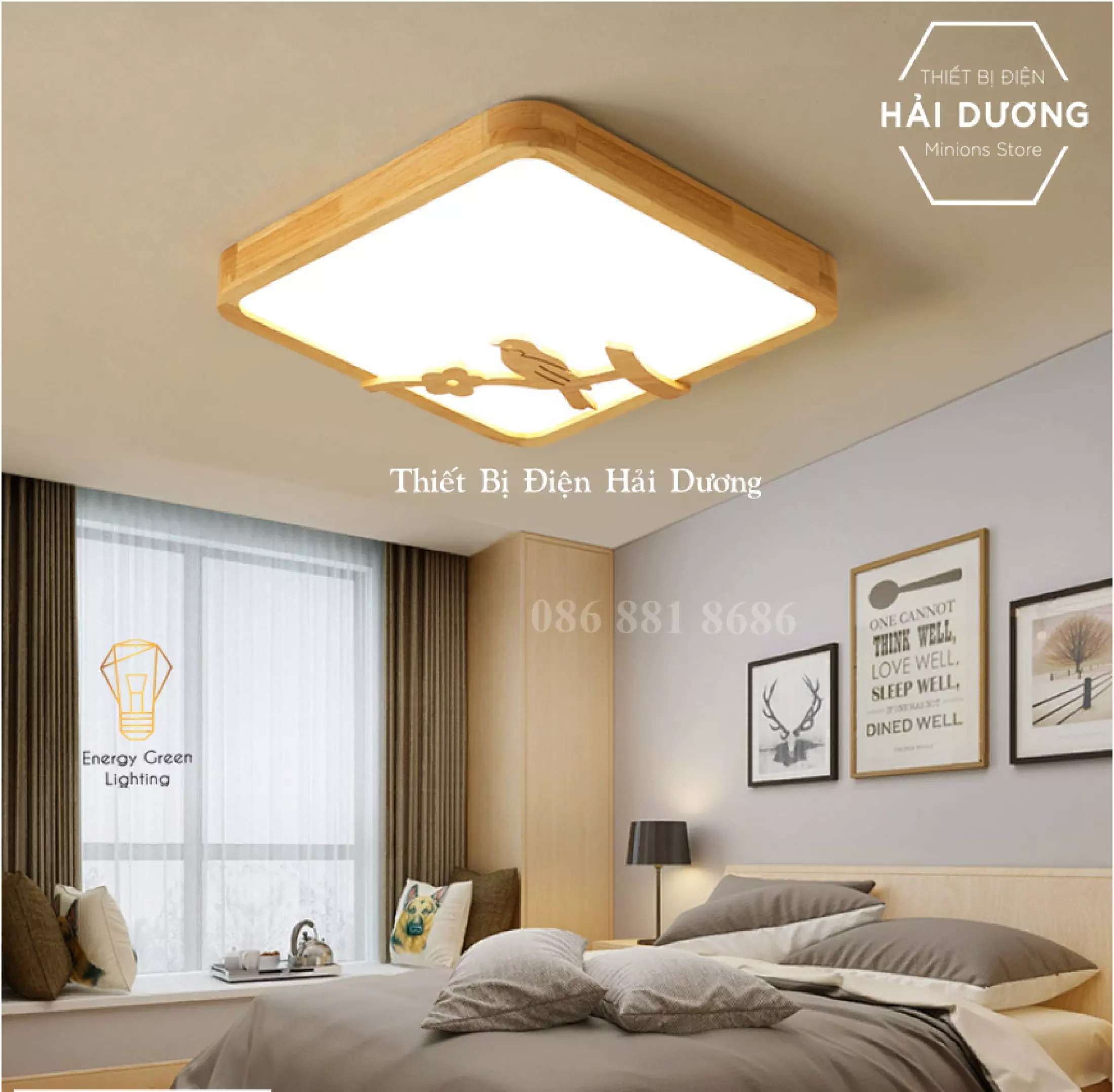 Đèn LED Ốp Trần Gỗ Kiểu DángVuông , Tròn Trang Trí Hình Chú Chim OT-98307 - Đường Kính 40cm