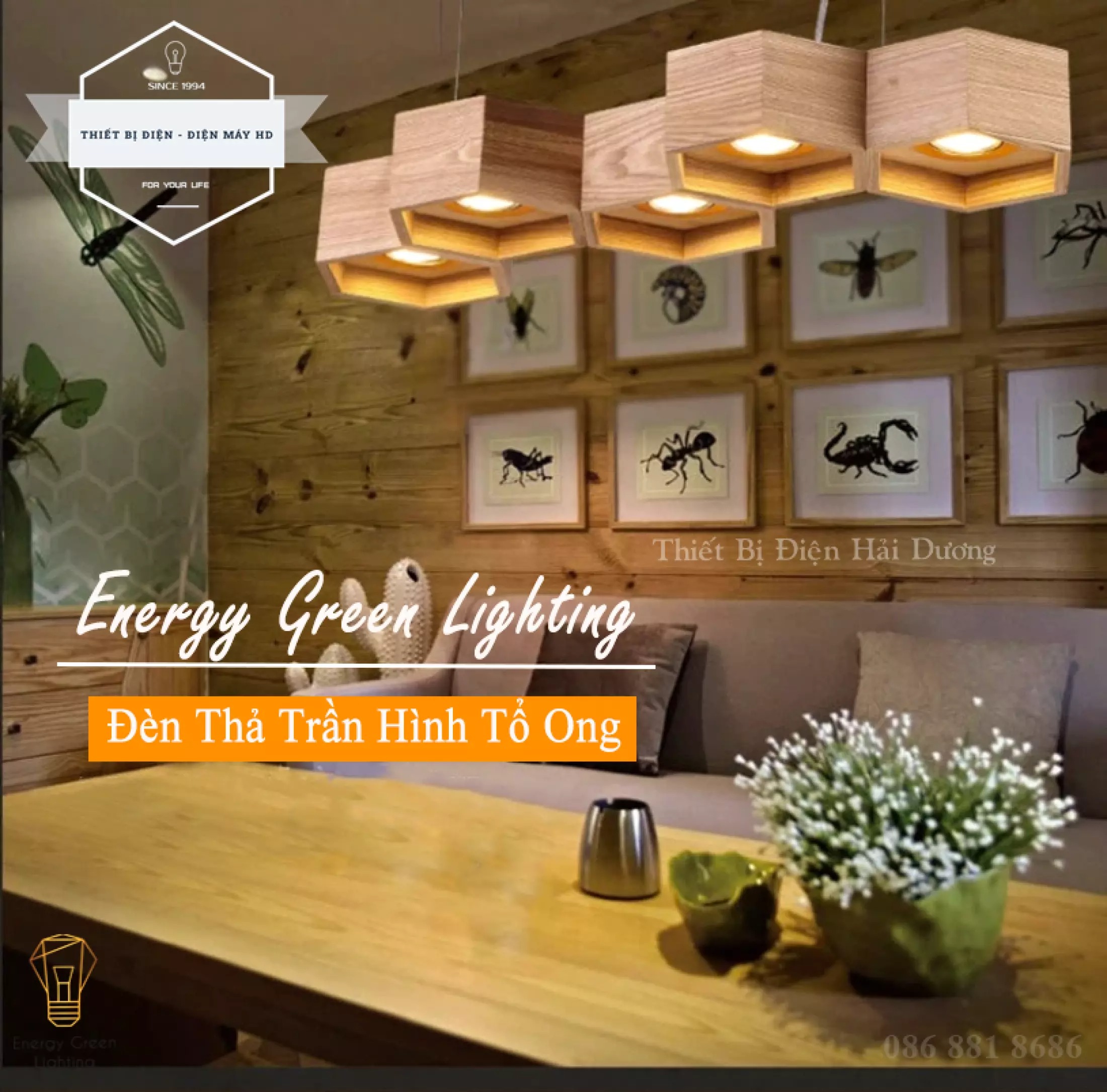 Đèn Thả Trần Gỗ Hình Tổ Ong Phong Cách Bắc Âu - 5 Đèn Chiếu Sáng - Ánh Sáng Vàng - Energy Green Lighting