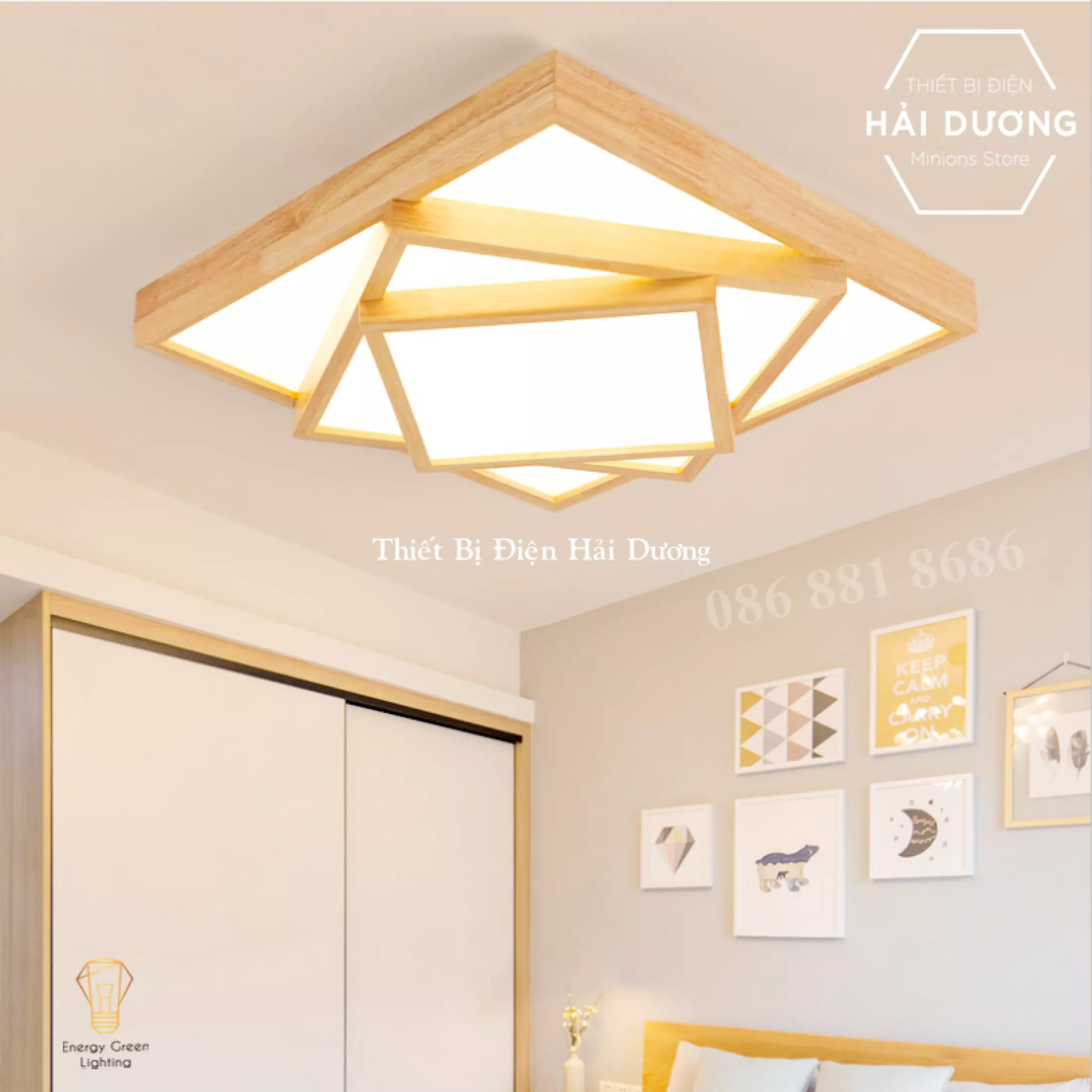 Đèn Ốp Trần Thân Gỗ Cao Cấp DGT-Y380 - 2 Lớp, 3 Lớp Hình Vuông - Đường Kính 48cm - Energy Green Lighting