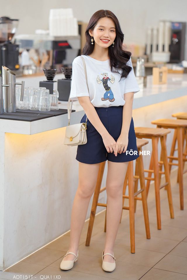 Set Áo thun Hàn Quốc Trắng AOT151T + Quần short xanh đen QUA11XD