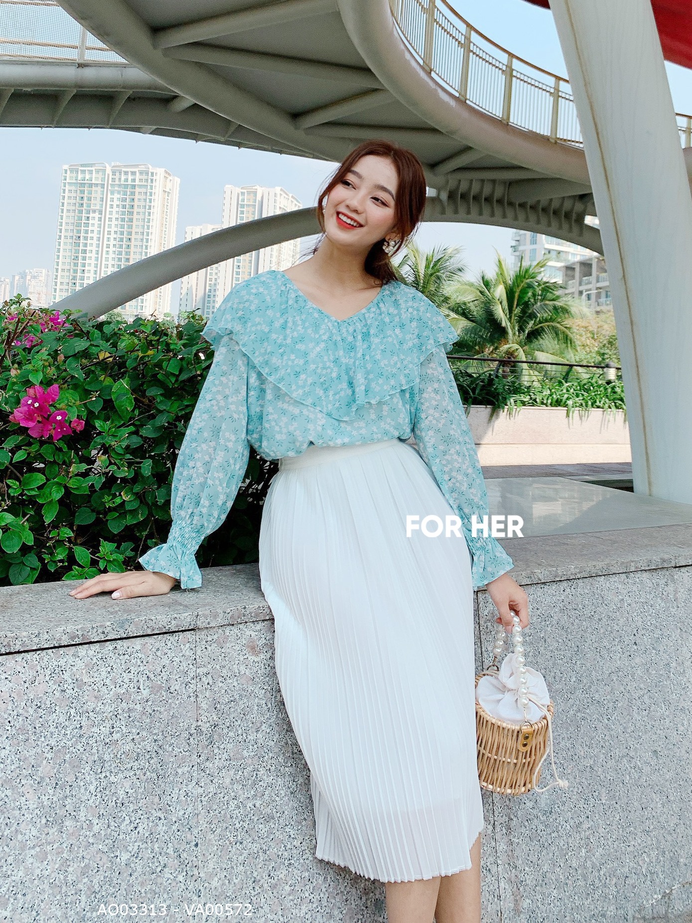 Áo babydoll cột nơ hoa xanh
