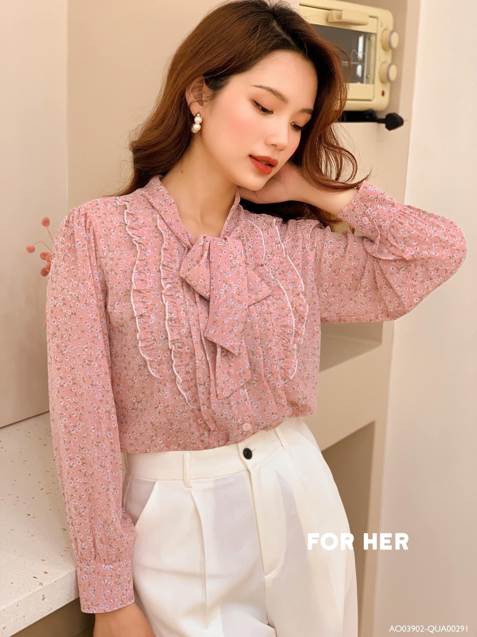 Áo sơ mi cột nơ hồng