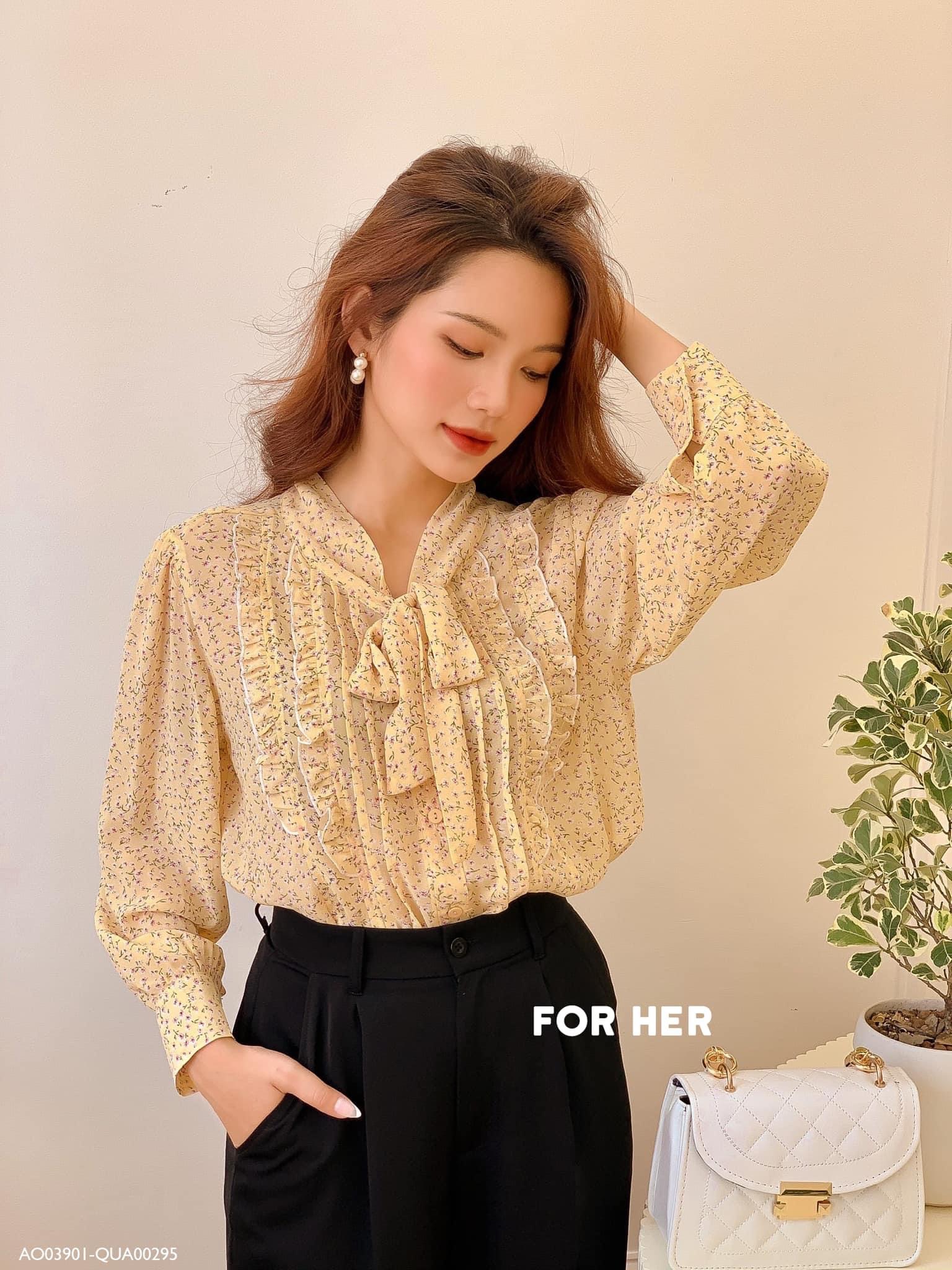 Áo sơ mi cột nơ vàng