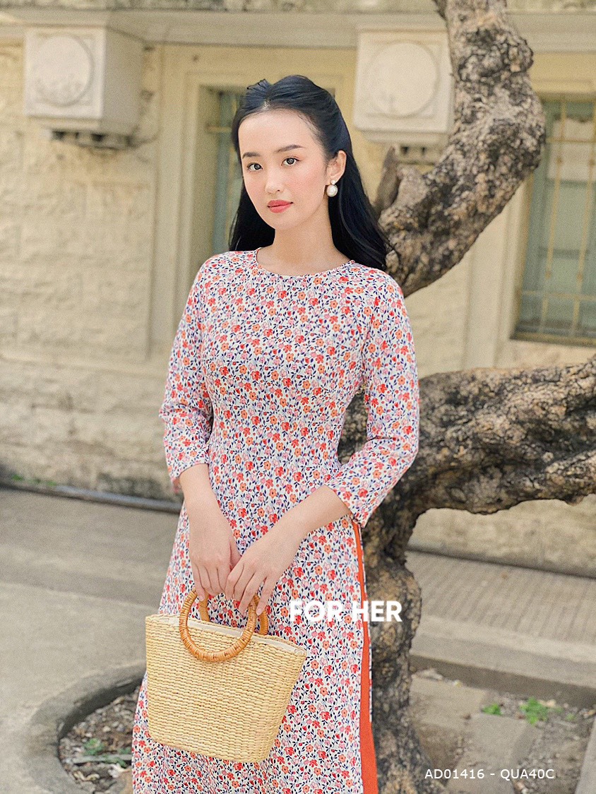 Áo dài cổ tròn hoa lá cam