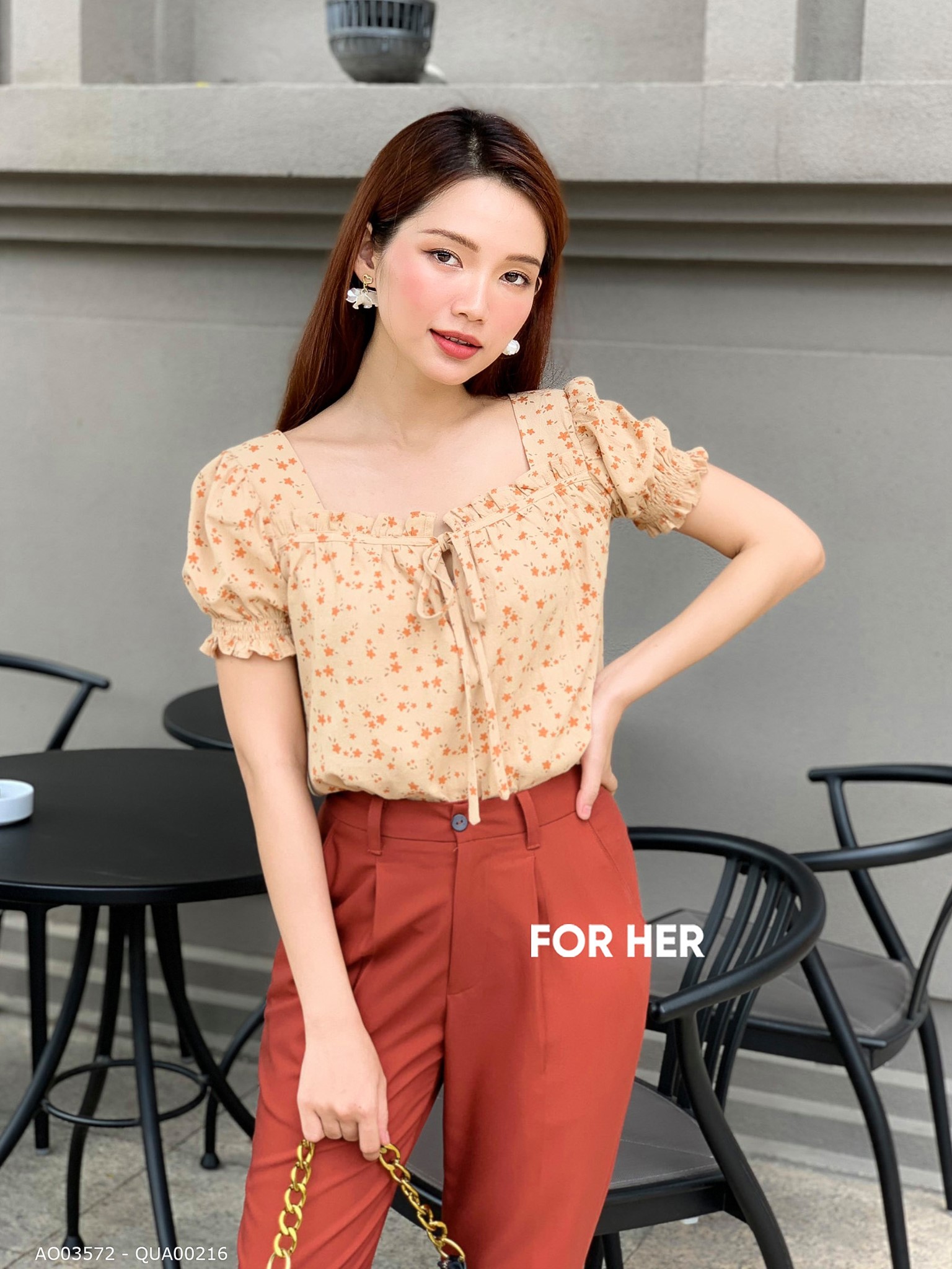 Áo cột nơ tay bo hoa cam