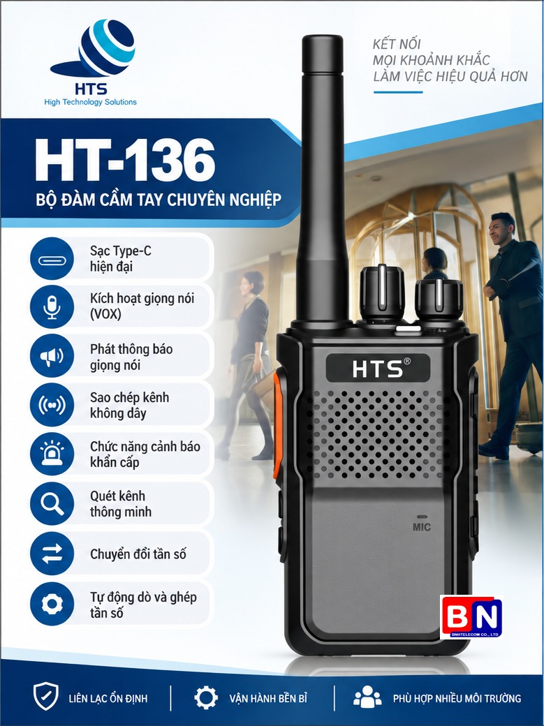 Bộ Đàm HTS HT-136 Chính Hãng – Công Suất 4W, Pin 2000mAh, Sạc Type-C, Sao Chép Kênh Không Dây