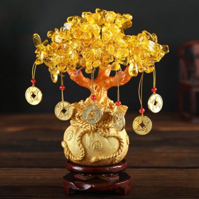 Cây Tài Lộc Đá Thạch Anh Kèm Xu 18.5cm (vàng, tím)