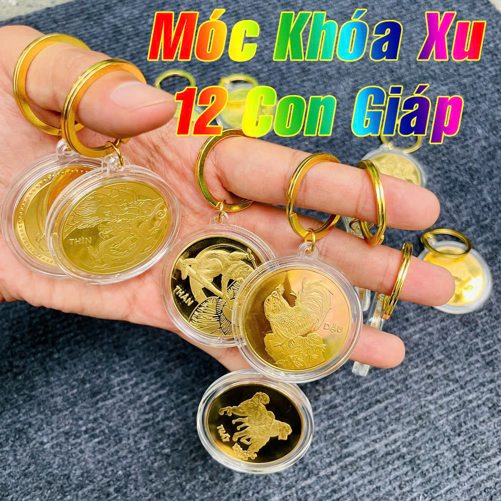 Móc Khoá Đồng Xu Mạ Vàng 12 Con Giáp