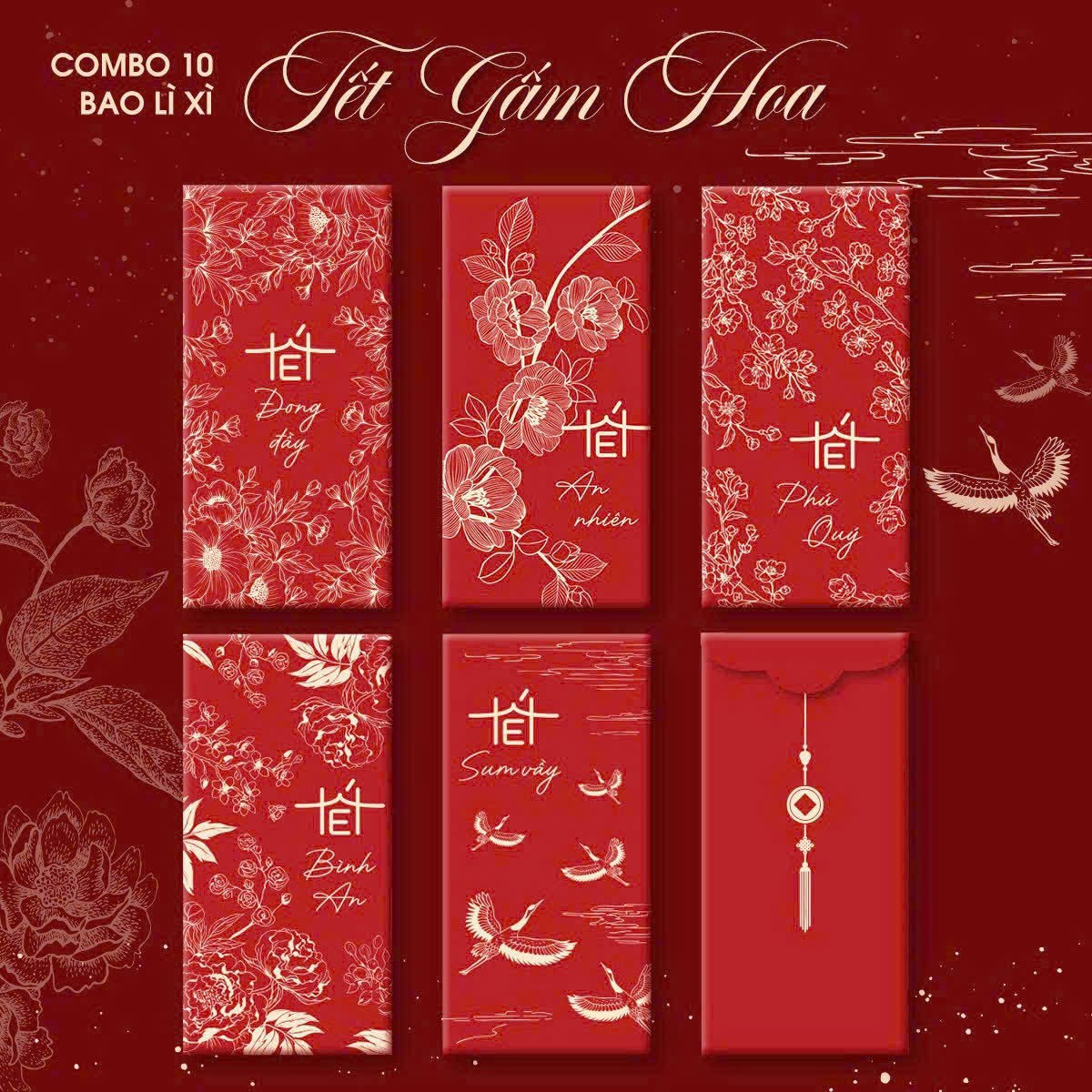 Set 100 Bao Lì Xì Tết Gấm Hoa