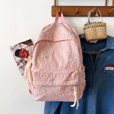 Balo Nữ, Balo Trung Học Hoạ Tiết Thêu Nơ - full VAT