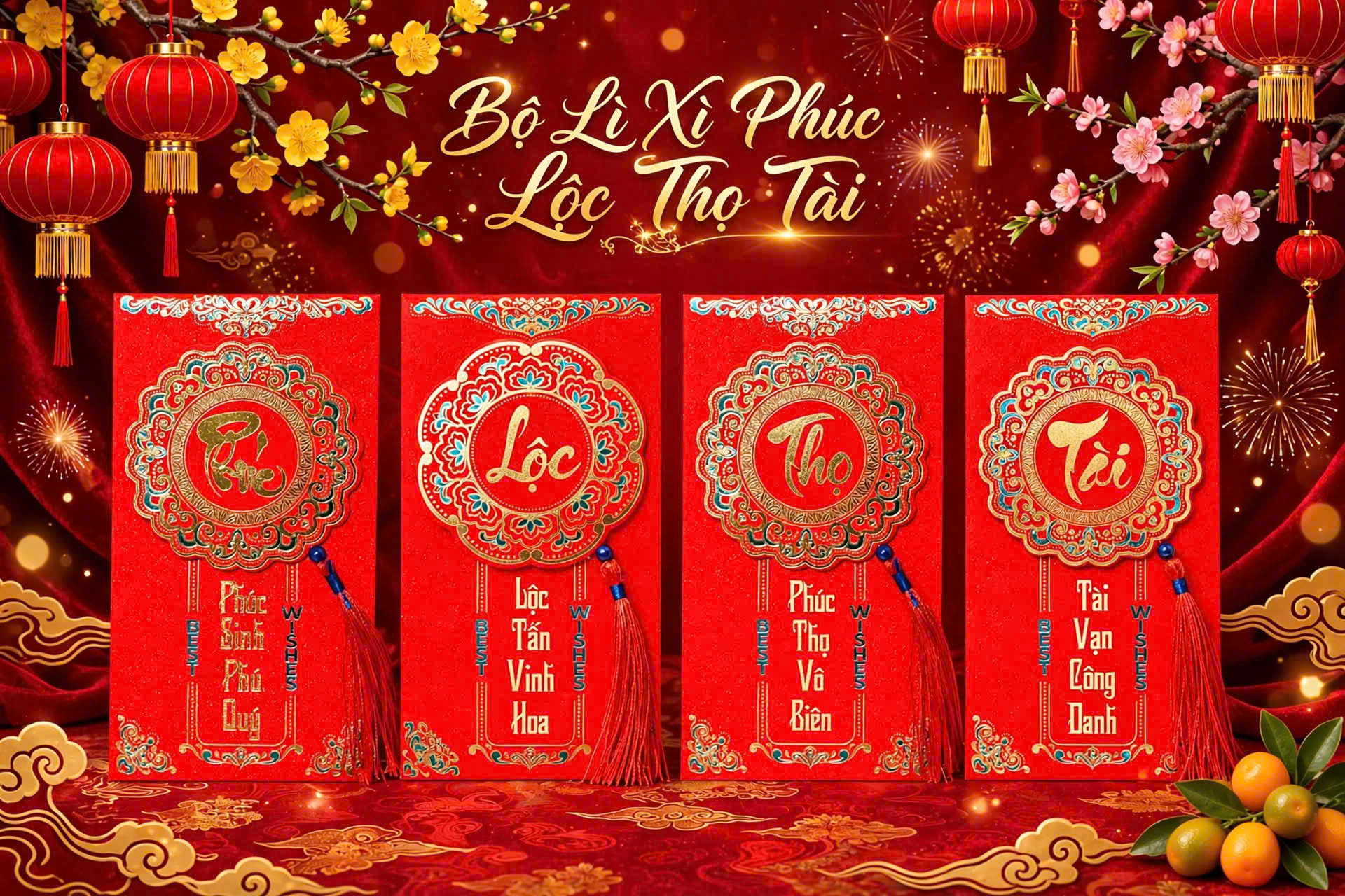 Set 10 Bao Lì Xì Kim Tuyến (Phúc - Lộc- Thọ- Tài)