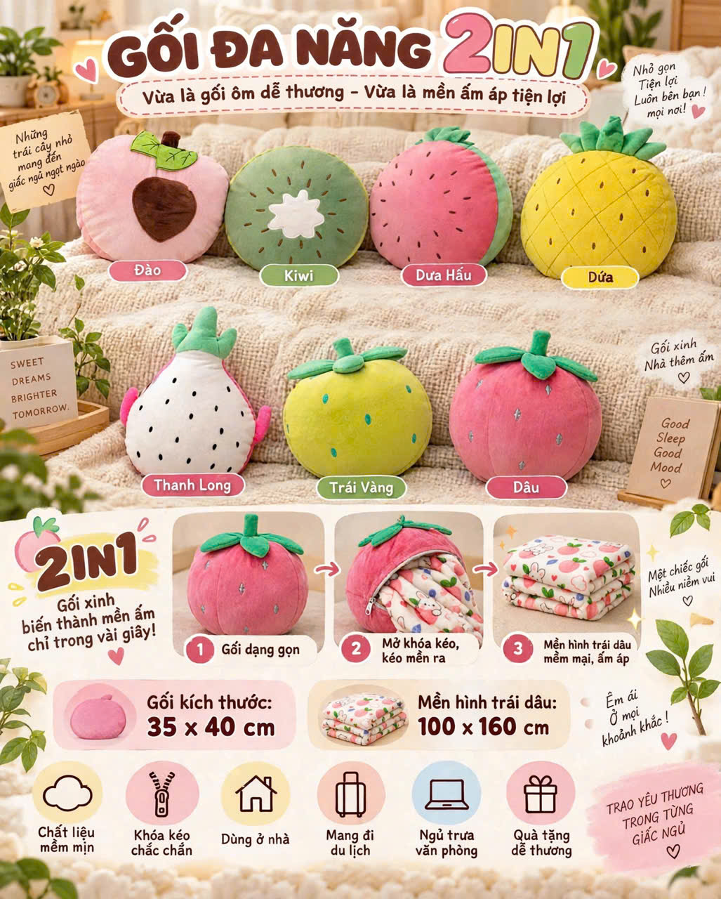 Bộ Gối Kèm Chăn Trái Cây 2in1
