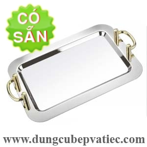 Khay inox phục vụ chữ nhật 2 quai tay nắm mạ vàng