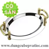 Khay inox bầu dục trưng bày thức ăn tiệc buffet 2 quai tay nắm mạ vàng