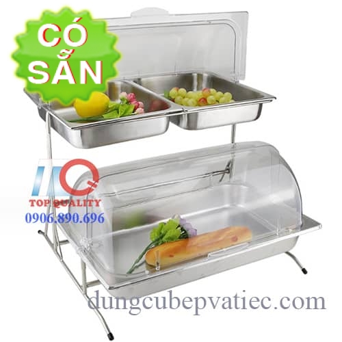 Kệ 2 tầng 4 khay inox GN 1/2 có nắp nhựa cong trưng bày tiệc