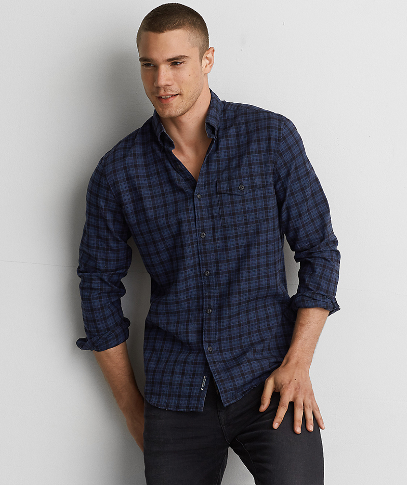 AEO PLAID TWILL BUTTON DOWN SHIRT