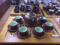 Bộ ấm trà tử sa Bát Tràng vai vuông bọc đồng