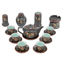 Bộ ấm trà vai vuông men khử cao cấp vẽ chim đào +phụ kiện