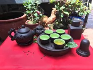 Bộ ấm trà tử sa men nâu hoa phù dung+ phụ kiện