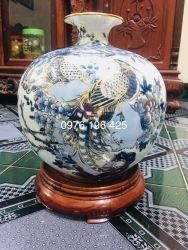 Bình hút tài lộc men lam vẽ công đào vàng kim cao 30cm