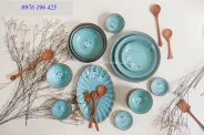 Bộ đồ ăn men xanh ngọc  vẽ đào kẻ chỉ viền