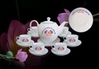 ấm chén dáng Minh Long chỉ xanh in logo