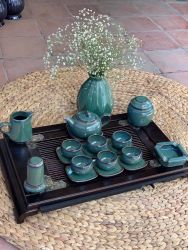 Bộ ấm trà men hỏa biến màu ngọc  quai sứ