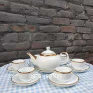 Ấm chén dáng quả hồng  trắng sứ xương chỉ vàng kim
