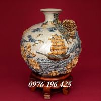 Bình tài lộc men rạn đắp nổi họa tiết thuận buồm xuôi gió cao 35cm