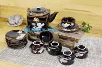 Ấm chén men hỏa biến khắc hoa sen