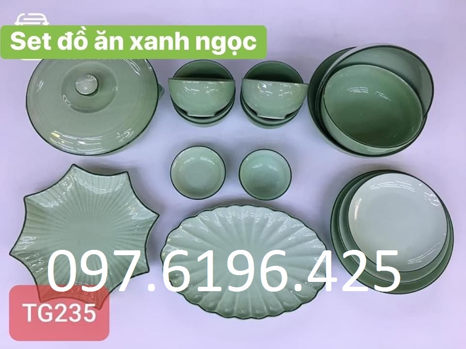 Bộ bát đĩa men ngọc kẻ chỉ miệng