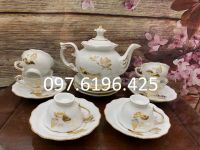 Bộ ấm chén phú quý miệng lượn vẽ hoa sen vàng kim