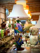 Đèn ngủ  gốm vẽ  hoa thiên điểu dáng trụ vai vuông
